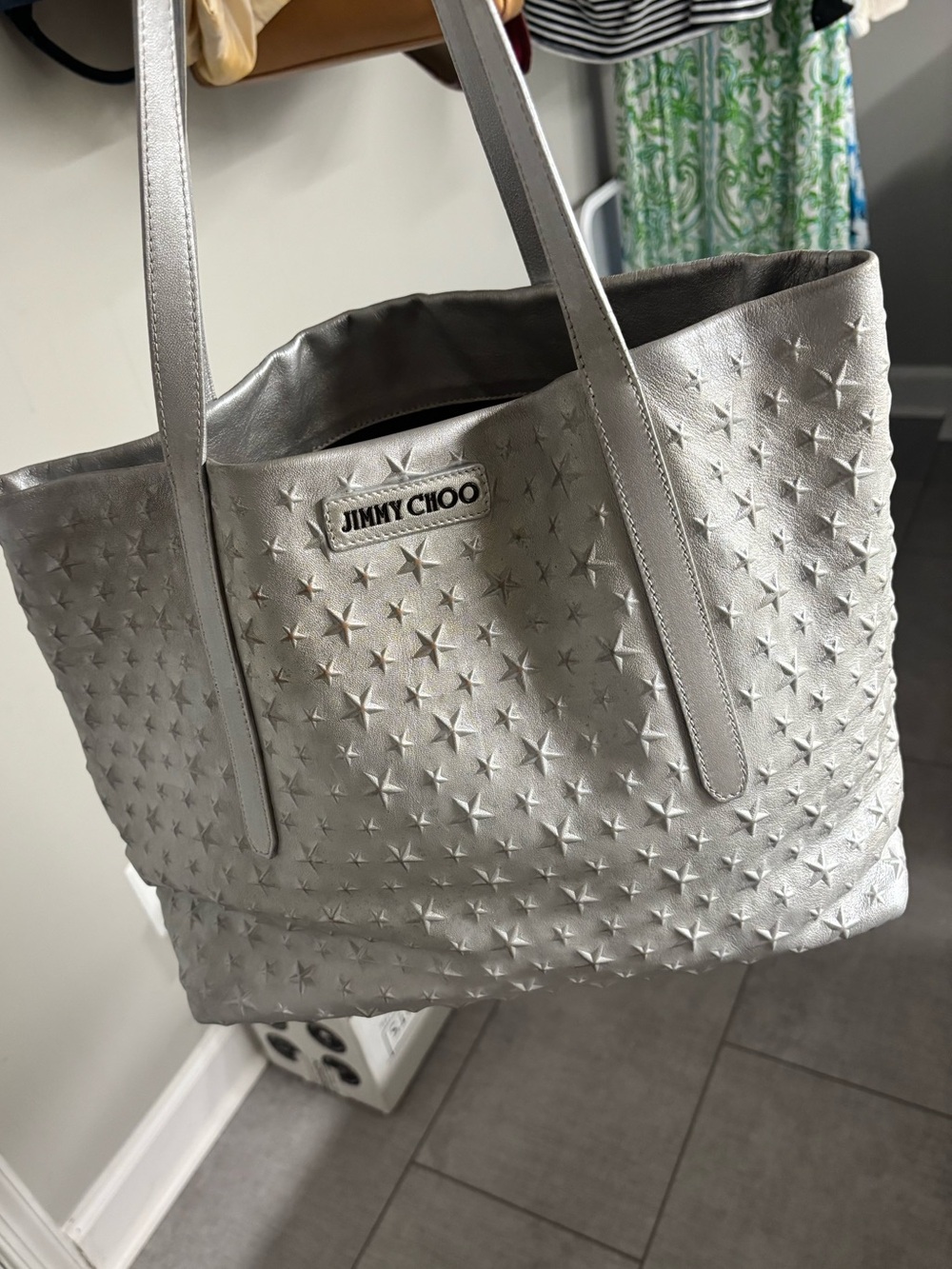 Jimmy Choo Silver Star-Stamped Leather Tote